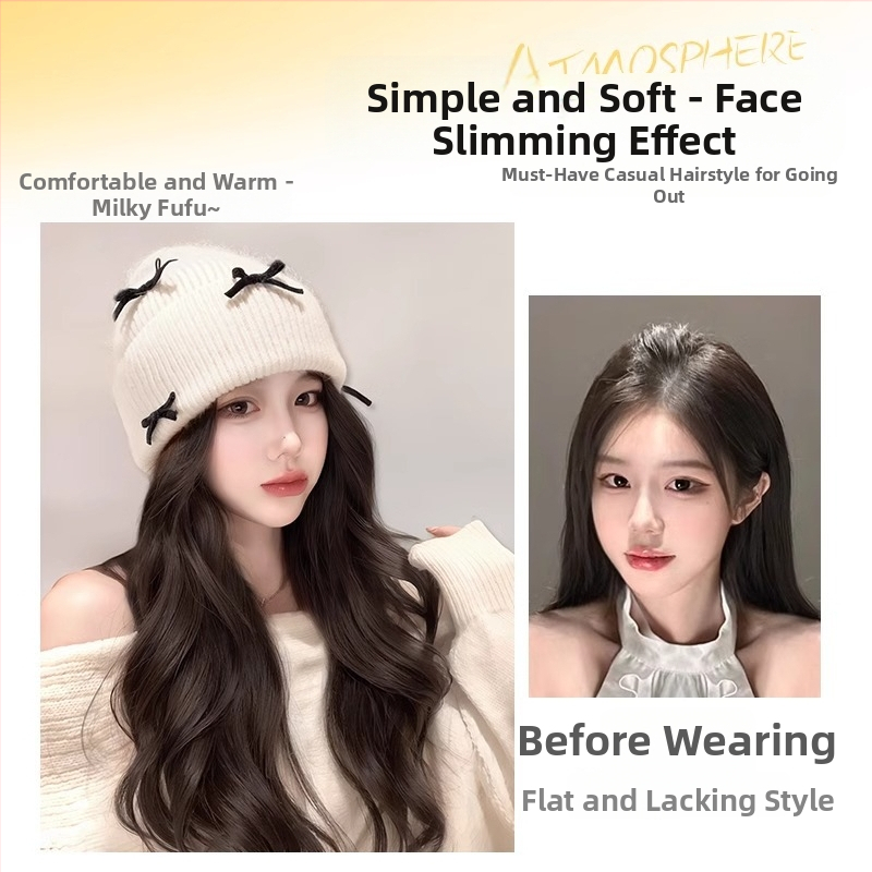 Pălărie-perucă pentru femei, detașabilă, păr lung buclat cu funda, căciulă tricotată