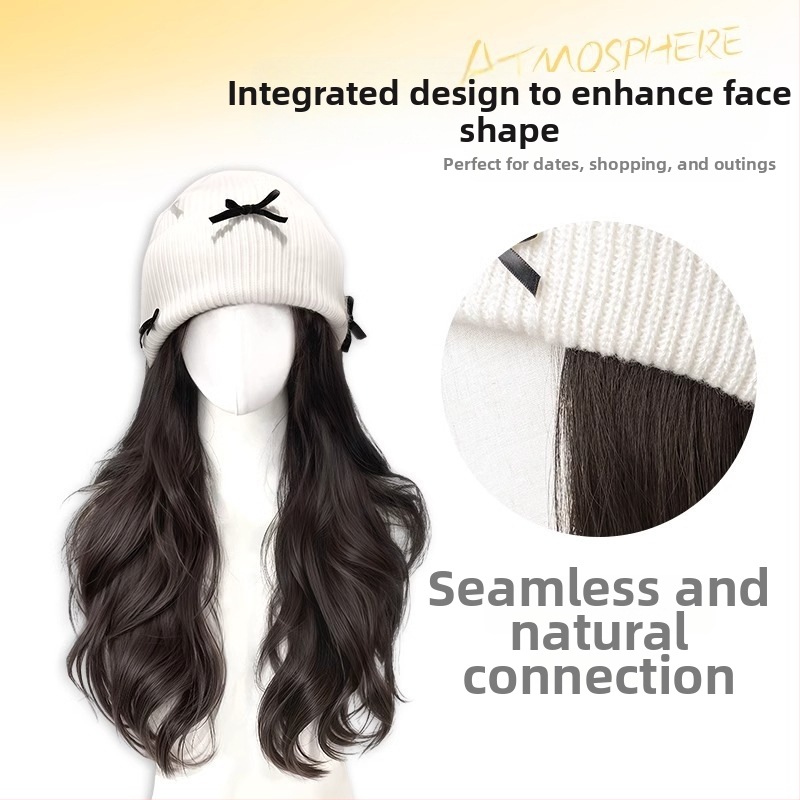 Pălărie-perucă pentru femei, detașabilă, păr lung buclat cu funda, căciulă tricotată