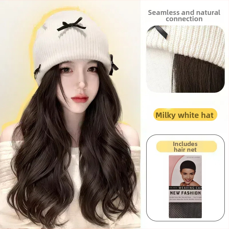 Pălărie-perucă pentru femei, detașabilă, păr lung buclat cu funda, căciulă tricotată