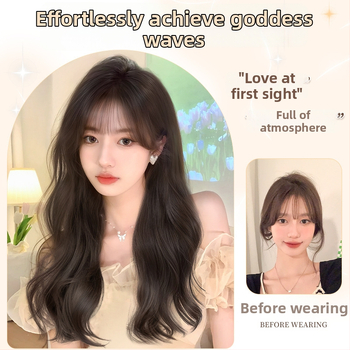 Perucă pentru femei Daiyan, cu breton drept și valuri mari, aspect natural, material mat din mătase rezistentă la temperaturi înalte, stil păr lung cu valuri