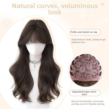 Perucă pentru femei Daiyan, cu breton drept și valuri mari, aspect natural, material mat din mătase rezistentă la temperaturi înalte, stil păr lung cu valuri