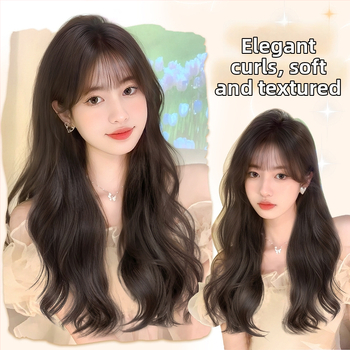Perucă pentru femei Daiyan, cu breton drept și valuri mari, aspect natural, material mat din mătase rezistentă la temperaturi înalte, stil păr lung cu valuri