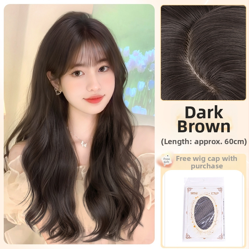 Perucă pentru femei Daiyan, cu breton drept și valuri mari, aspect natural, material mat din mătase rezistentă la temperaturi înalte, stil păr lung cu valuri