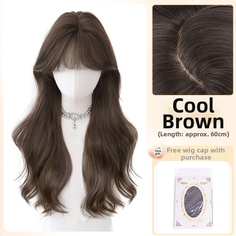 Perucă pentru femei Daiyan, cu breton drept și valuri mari, aspect natural, material mat din mătase rezistentă la temperaturi înalte, stil păr lung cu valuri