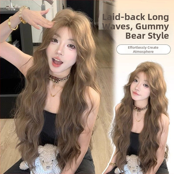 Perucă pentru femei, fibră rezistentă la căldură, păr lung cu valuri, parte centrală, breton înclinat