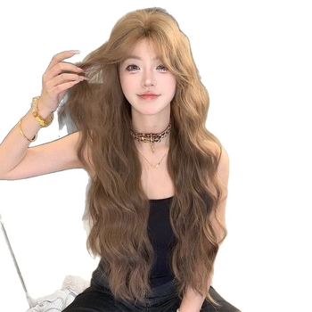 Perucă pentru femei, fibră rezistentă la căldură, păr lung cu valuri, parte centrală, breton înclinat