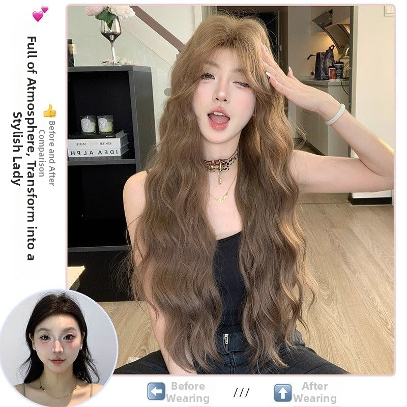 Perucă pentru femei, fibră rezistentă la căldură, păr lung cu valuri, parte centrală, breton înclinat
