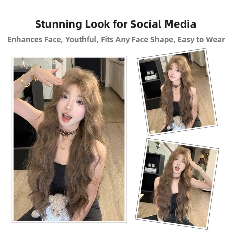 Perucă pentru femei, fibră rezistentă la căldură, păr lung cu valuri, parte centrală, breton înclinat