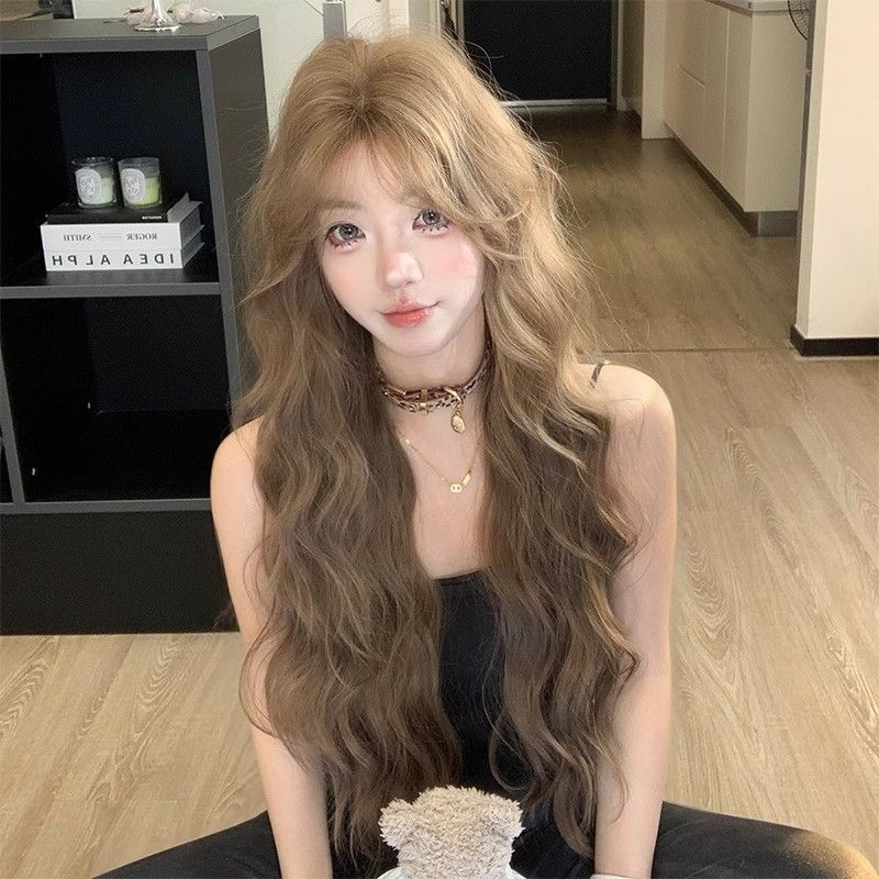 Perucă pentru femei, fibră rezistentă la căldură, păr lung cu valuri, parte centrală, breton înclinat