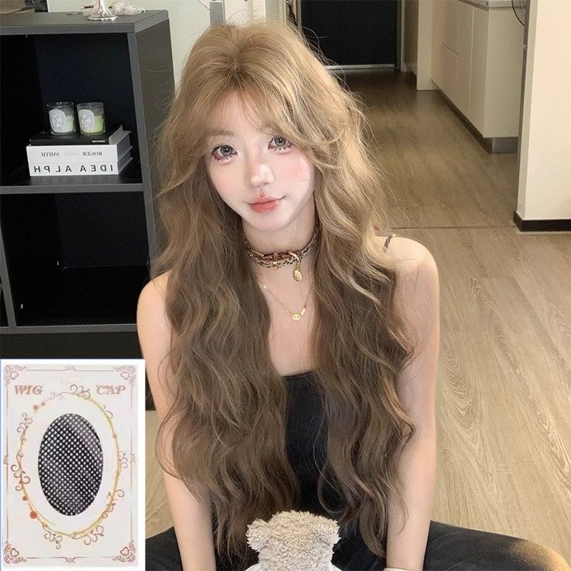 Perucă pentru femei, fibră rezistentă la căldură, păr lung cu valuri, parte centrală, breton înclinat