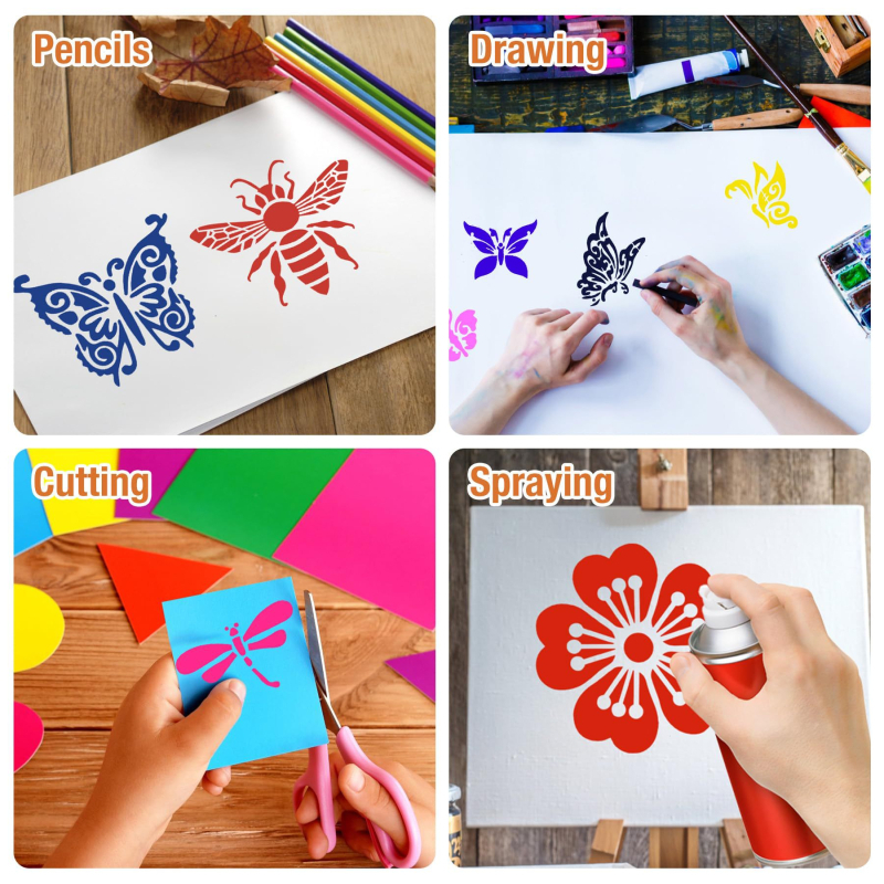 Șablon Fluture și Floare pentru Primăvară-Vară, Șablon de Hârtie Reutilizabil pentru Pictură cu Colibri, PET Material; Nu Se Importă; Drepturi IP: Neautorizate