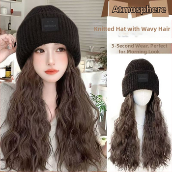 Perucă cu pălărie pentru femei, păr lung buclat, lungime lungă, fir rezistent la temperaturi, stil natural, beneficii anti-îmbătrânire