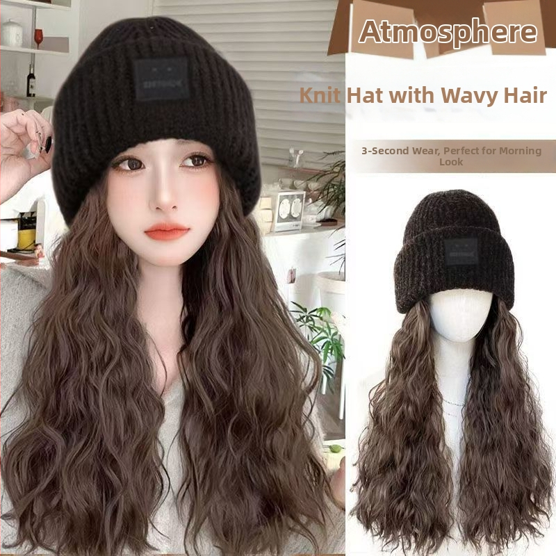 Perucă cu pălărie pentru femei, păr lung buclat, lungime lungă, fir rezistent la temperaturi, stil natural, beneficii anti-îmbătrânire