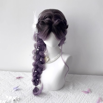 Perucă lungă buclată pentru femei, confecționată mecanic, fibre rezistente la temperatură, cu breton cu parte medie