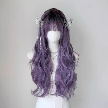 Perucă lungă buclată pentru femei, confecționată mecanic, fibre rezistente la temperatură, cu breton cu parte medie