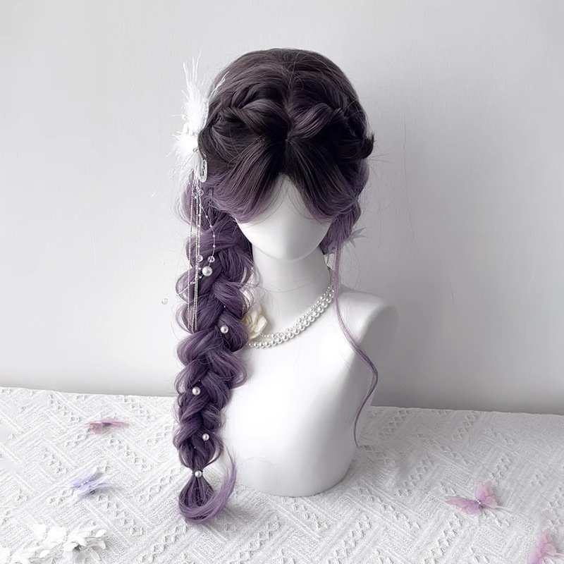 Perucă lungă buclată pentru femei, confecționată mecanic, fibre rezistente la temperatură, cu breton cu parte medie