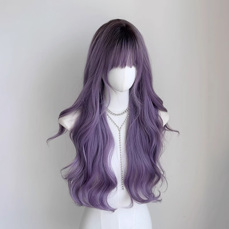 Perucă lungă buclată pentru femei, confecționată mecanic, fibre rezistente la temperatură, cu breton cu parte medie