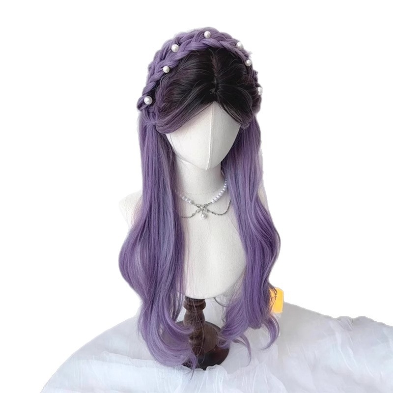 Perucă lungă buclată pentru femei, confecționată mecanic, fibre rezistente la temperatură, cu breton cu parte medie