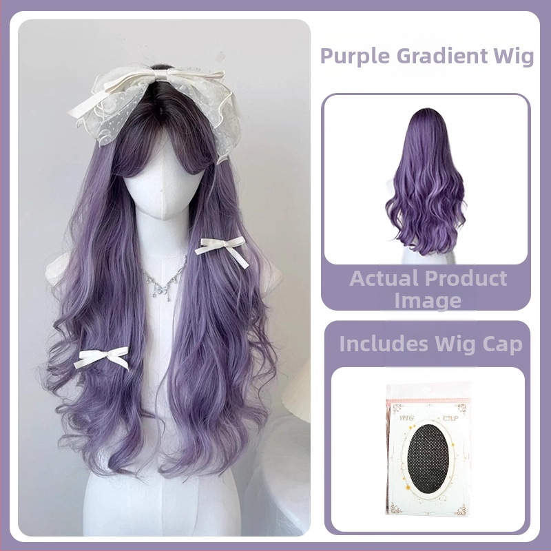 Perucă lungă buclată pentru femei, confecționată mecanic, fibre rezistente la temperatură, cu breton cu parte medie