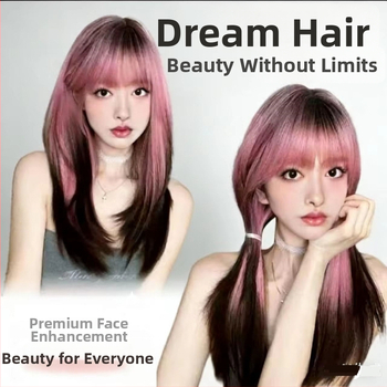 Perucă pentru femei cu păr lung și drept – mătase rezistentă la temperaturi înalte, prelucrare mecanizată, nu poate fi vopsită sau periată, breton drept sau înclinată