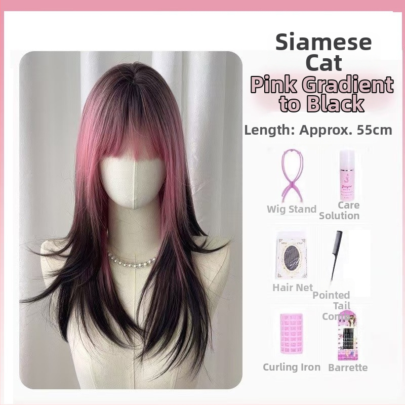 Perucă pentru femei cu păr lung și drept – mătase rezistentă la temperaturi înalte, prelucrare mecanizată, nu poate fi vopsită sau periată, breton drept sau înclinată