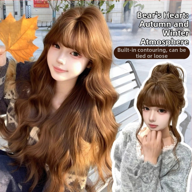 Perucă pentru femei cu păr lung buclat și breton drept, model C24-005, păr din mătase rezistentă la temperaturi înalte, fabricată pe mașină