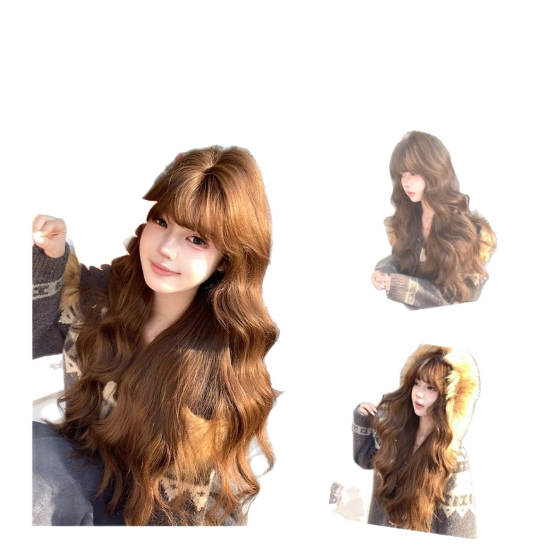 Perucă pentru femei cu păr lung buclat și breton drept, model C24-005, păr din mătase rezistentă la temperaturi înalte, fabricată pe mașină