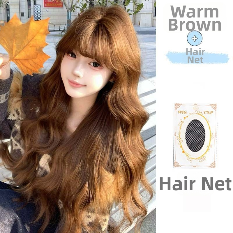 Perucă pentru femei cu păr lung buclat și breton drept, model C24-005, păr din mătase rezistentă la temperaturi înalte, fabricată pe mașină