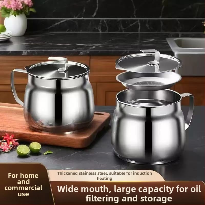 Recipient de ulei din oțel inoxidabil cu sită, pentru filtrare și depozitare în bucătărie