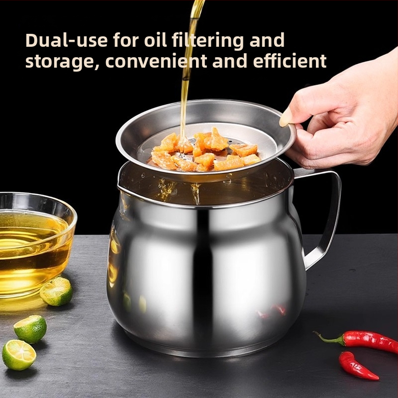 Recipient de ulei din oțel inoxidabil cu sită, pentru filtrare și depozitare în bucătărie