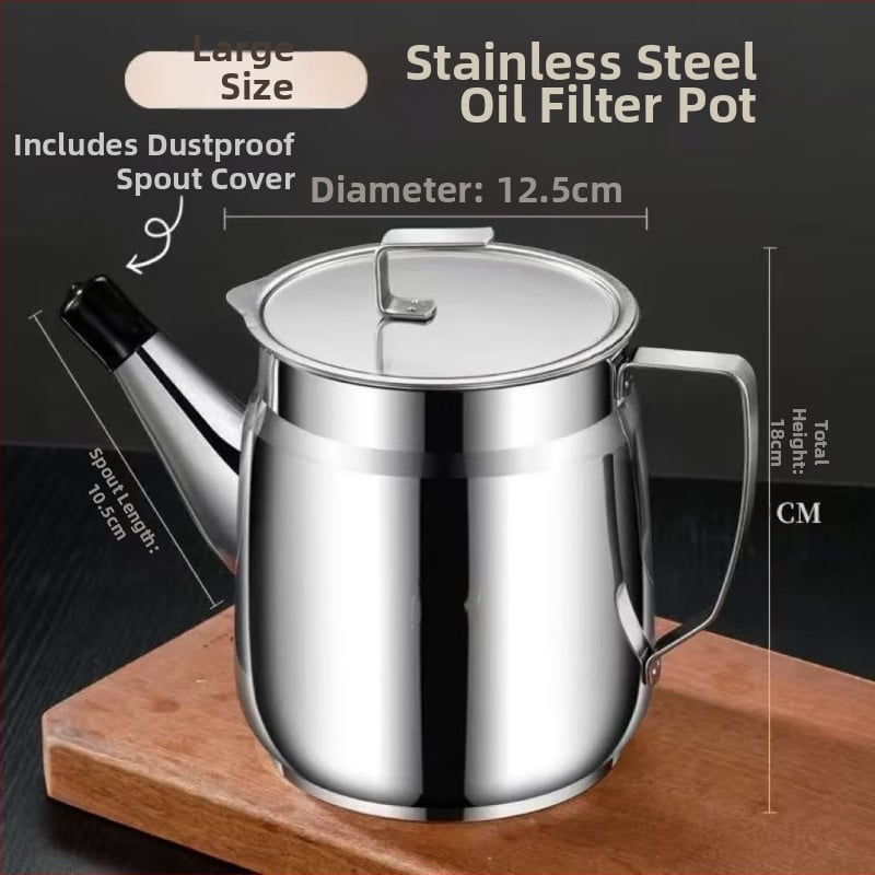 Recipient de ulei din oțel inoxidabil cu sită, pentru filtrare și depozitare în bucătărie