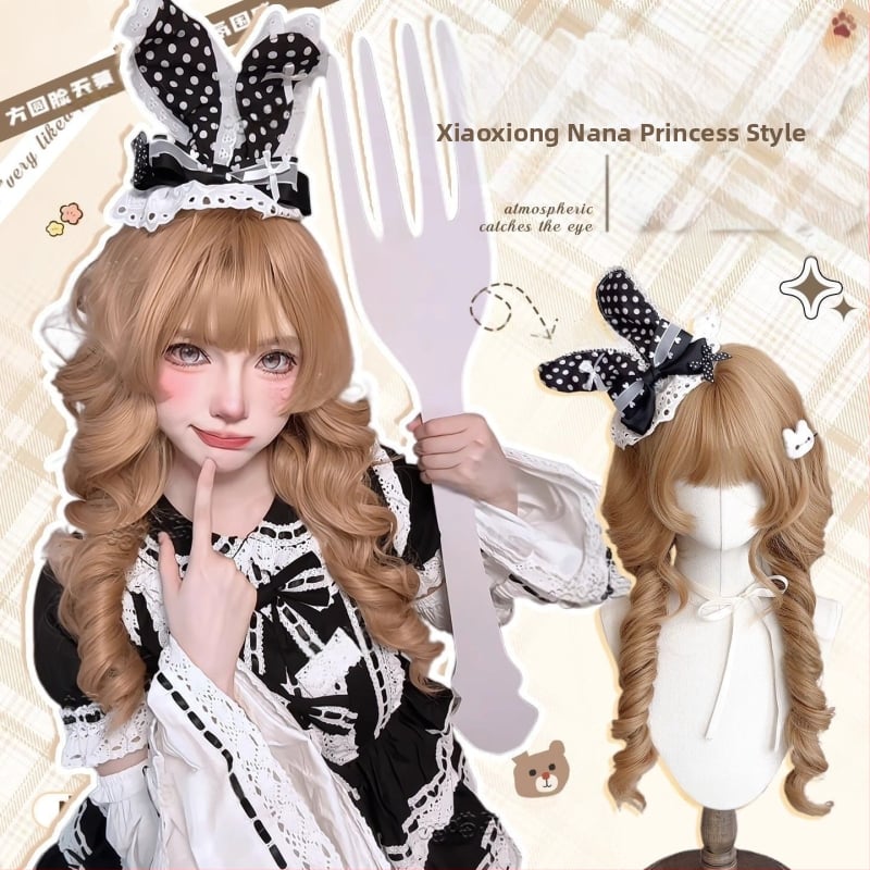 Perucă lungă buclată cu breton — Model X-128 jellyfish roll — Fire de înaltă temperatură — Tehnologie de fabricație: mecanism — Crește volumul părului