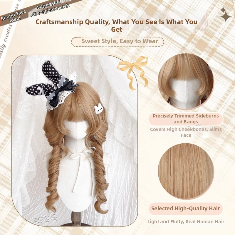 Perucă lungă buclată cu breton — Model X-128 jellyfish roll — Fire de înaltă temperatură — Tehnologie de fabricație: mecanism — Crește volumul părului