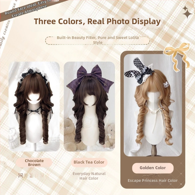 Perucă lungă buclată cu breton — Model X-128 jellyfish roll — Fire de înaltă temperatură — Tehnologie de fabricație: mecanism — Crește volumul părului