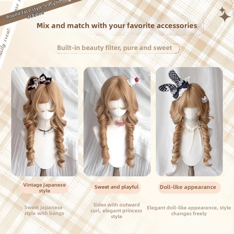 Perucă lungă buclată cu breton — Model X-128 jellyfish roll — Fire de înaltă temperatură — Tehnologie de fabricație: mecanism — Crește volumul părului