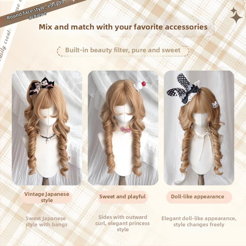 Perucă lungă buclată cu breton — Model X-128 jellyfish roll — Fire de înaltă temperatură — Tehnologie de fabricație: mecanism — Crește volumul părului