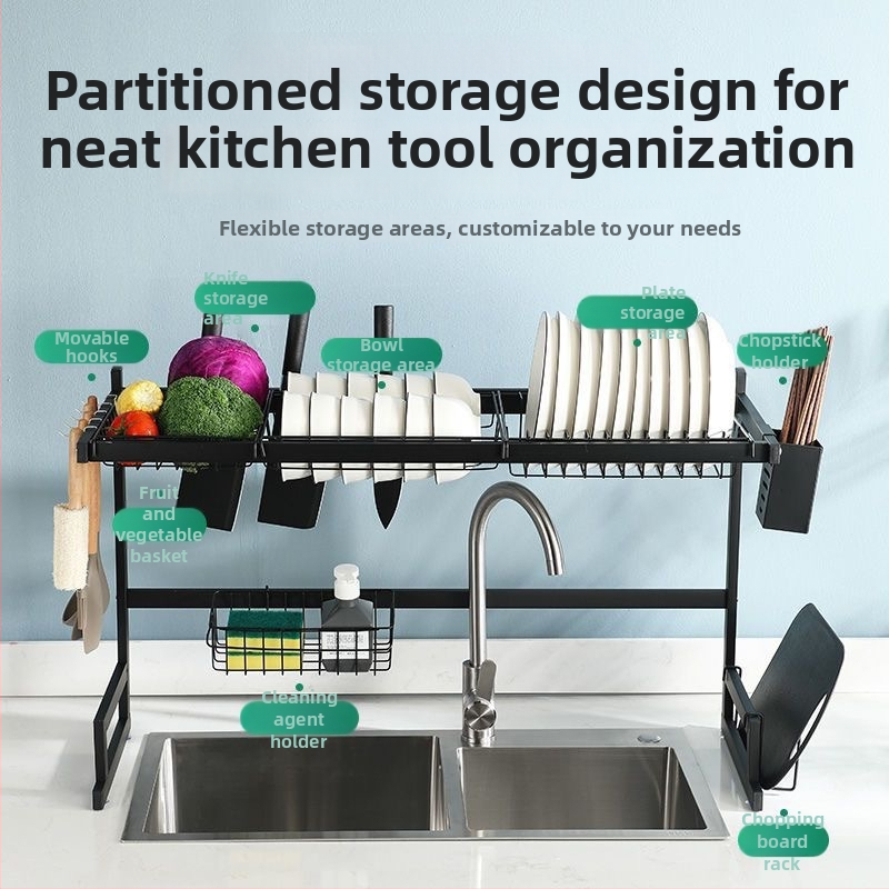 Bao Yi Fan Raft bucătărie pentru chiuvetă — suporturi multifuncționale pentru farfurii și cuțite, suport de scurgere pe blat, rafturi multietajate, oțel cu carbon