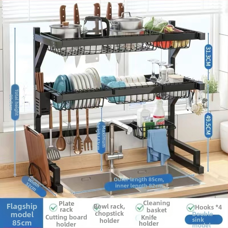 Bao Yi Fan Raft bucătărie pentru chiuvetă — suporturi multifuncționale pentru farfurii și cuțite, suport de scurgere pe blat, rafturi multietajate, oțel cu carbon