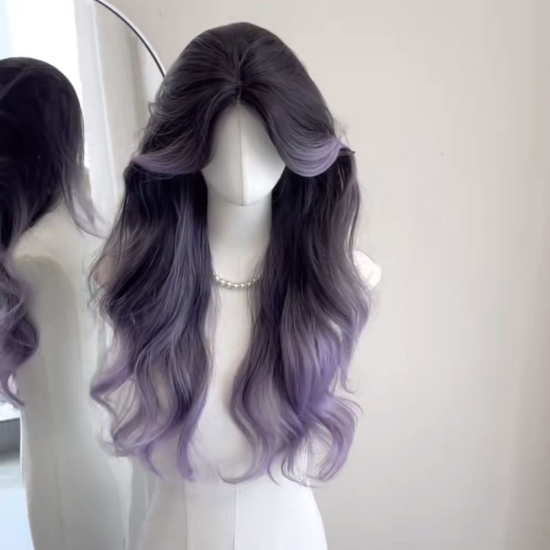 Perucă lungă buclată cu bretonă despărțită central, fibre rezistente la temperatură înaltă, mecanism de fabricație, crește volumul