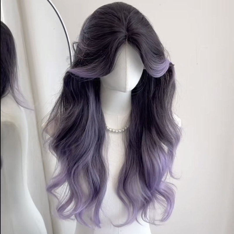 Perucă lungă buclată cu bretonă despărțită central, fibre rezistente la temperatură înaltă, mecanism de fabricație, crește volumul