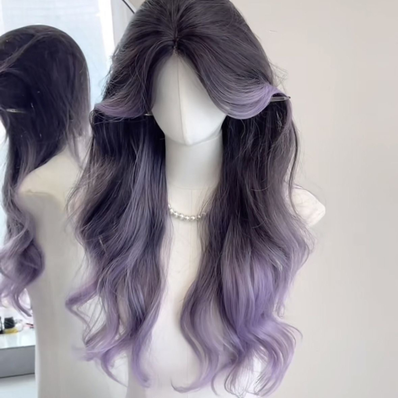 Perucă lungă buclată cu bretonă despărțită central, fibre rezistente la temperatură înaltă, mecanism de fabricație, crește volumul