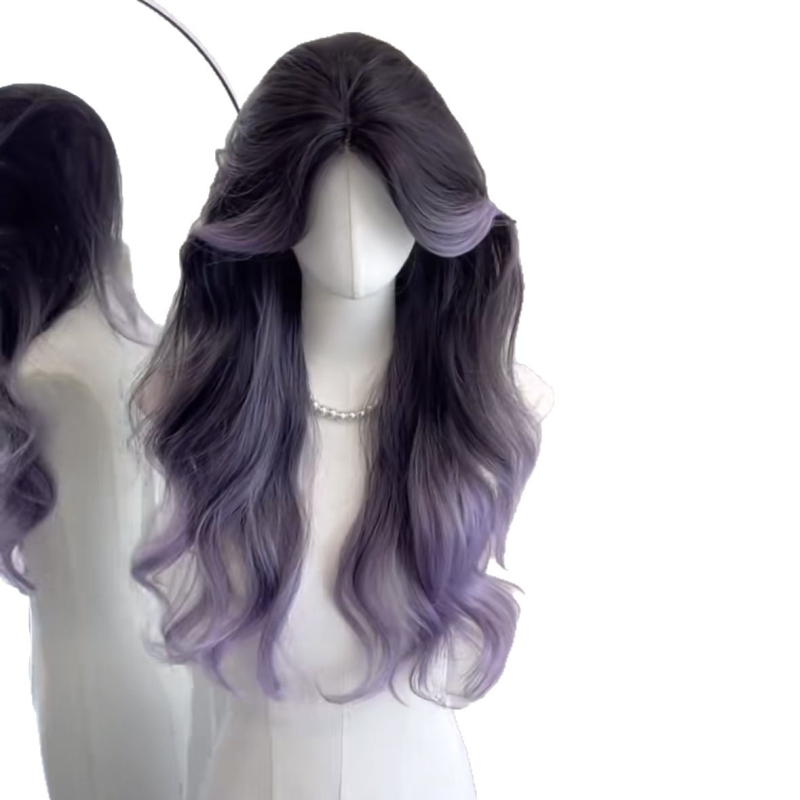 Perucă lungă buclată cu bretonă despărțită central, fibre rezistente la temperatură înaltă, mecanism de fabricație, crește volumul