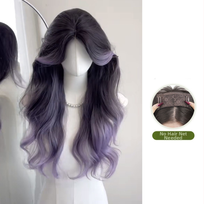 Perucă lungă buclată cu bretonă despărțită central, fibre rezistente la temperatură înaltă, mecanism de fabricație, crește volumul