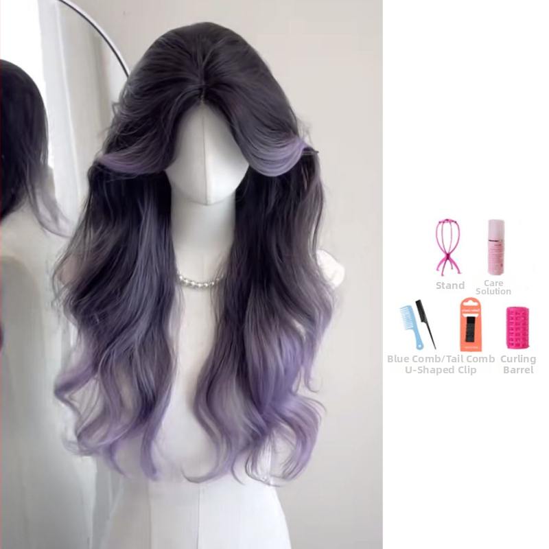 Perucă lungă buclată cu bretonă despărțită central, fibre rezistente la temperatură înaltă, mecanism de fabricație, crește volumul