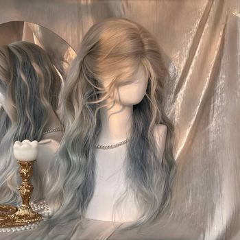 Perucă cu bucle lungi și breton lateral, model XJ-GHH-029, material păr: fibră sintetică rezistentă la temperaturi, tehnologie de producție: mecanism