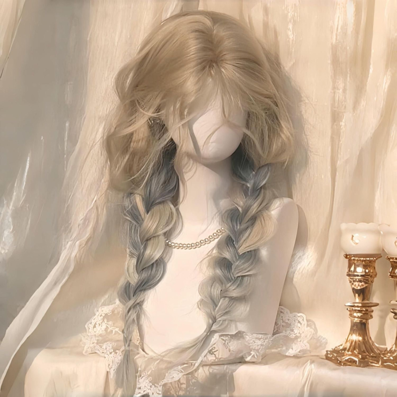 Perucă cu bucle lungi și breton lateral, model XJ-GHH-029, material păr: fibră sintetică rezistentă la temperaturi, tehnologie de producție: mecanism