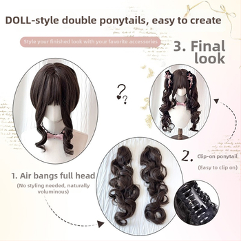 Perucă Baroque Sweetheart: păr lung, bucle, breton înclinat și cozi duble detașabile, fibre rezistente la temperatură înaltă, Model 0032+2128
