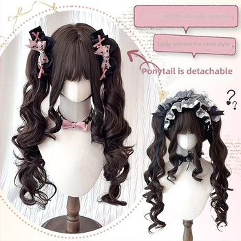 Perucă Baroque Sweetheart: păr lung, bucle, breton înclinat și cozi duble detașabile, fibre rezistente la temperatură înaltă, Model 0032+2128