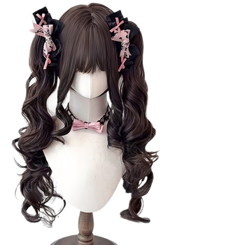 Perucă Baroque Sweetheart: păr lung, bucle, breton înclinat și cozi duble detașabile, fibre rezistente la temperatură înaltă, Model 0032+2128