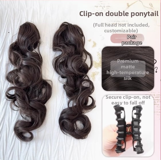 Perucă Baroque Sweetheart: păr lung, bucle, breton înclinat și cozi duble detașabile, fibre rezistente la temperatură înaltă, Model 0032+2128